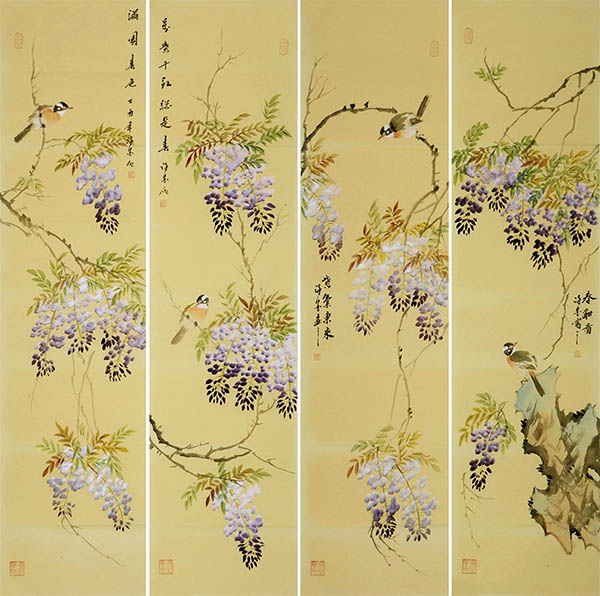 Four Screens of Flowers and Birds,35cm x 136cm(14〃 x 53〃),xm21184015-z