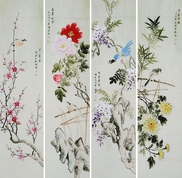 Four Screens of Flowers and Birds,35cm x 136cm(14〃 x 53〃),zga21210013-z