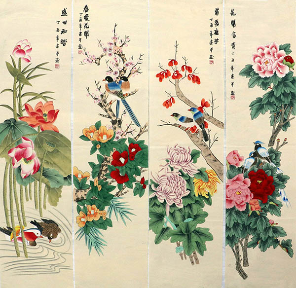 Four Screens of Flowers and Birds,35cm x 136cm(14〃 x 53〃),zjp21110015-z