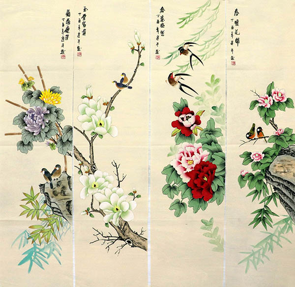 Four Screens of Flowers and Birds,35cm x 136cm(14〃 x 53〃),zjp21110016-z
