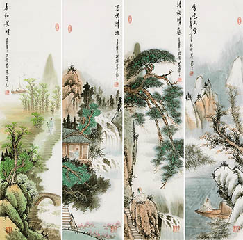 Chinese Four Screens of Landscapes Painting,35cm x 136cm,kqy11183001-x