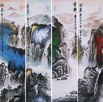 Chinese Four Screens of Landscapes Painting,25cm x 100cm,kqy11183002-x