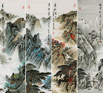 Chinese Four Screens of Landscapes Painting,32cm x 120cm,kqy11183003-x