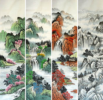 Chinese Four Screens of Landscapes Painting,35cm x 136cm,lzw11223003-x