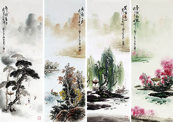 Chinese Four Screens of Landscapes Painting,33cm x 110cm,qzm11225001-x