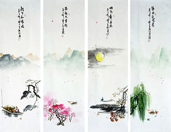 Chinese Four Screens of Landscapes Painting,30cm x 100cm,qzm11225003-x