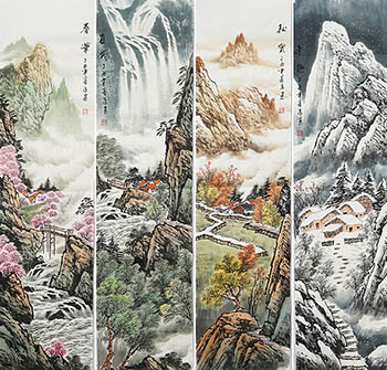 Chinese Four Screens of Landscapes Painting,35cm x 136cm,sw11226001-x