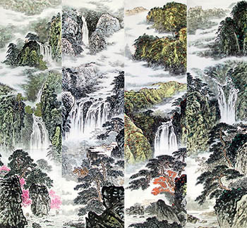 Chinese Four Screens of Landscapes Painting,35cm x 136cm,sw11226002-x