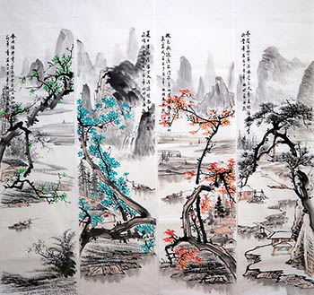 Chinese Four Screens of Landscapes Painting,35cm x 136cm,sw11226003-x