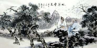 Chinese Gao Shi Play Chess Tea Song Painting,50cm x 100cm,3711066-x