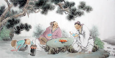Chinese Gao Shi Play Chess Tea Song Painting,67cm x 134cm,3806004-x