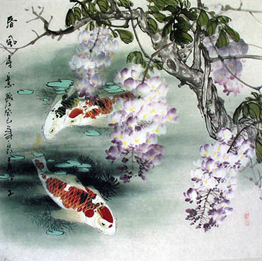Chinese Koi Fish Painting,68cm x 68cm,2327016-x