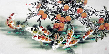 Chinese Koi Fish Painting,68cm x 136cm,2327018-x