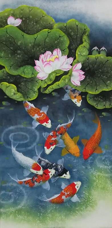 Chinese Koi Fish Painting 2387072, 69cm x 138cm(27〃 x 54〃)