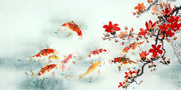 Chinese Koi Fish Painting,68cm x 136cm,2614078-x