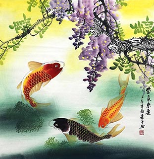Chinese Koi Fish Painting,68cm x 68cm,zjp21110007-x
