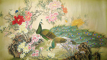 Chinese Peacock Peahen Painting,90cm x 180cm,2011002-x