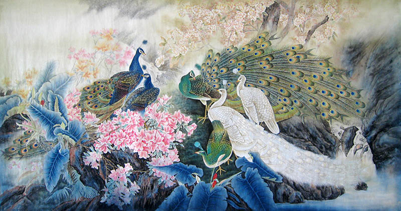 Chinese Peacock Peahen Painting 2011003, 120cm x 240cm(47〃 x 94〃)