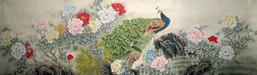 Chinese Peacock Peahen Painting,90cm x 240cm,2011042-x