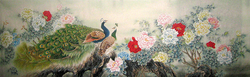 Chinese Peacock Peahen Painting 2011043, 90cm x 240cm(35〃 x 94〃)