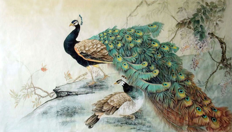 Chinese Peacock Peahen Painting 2352029, 96cm x 170cm(38〃 x 67〃)