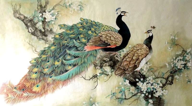 Chinese Peacock Peahen Painting 2352030, 96cm x 170cm(38〃 x 67〃)