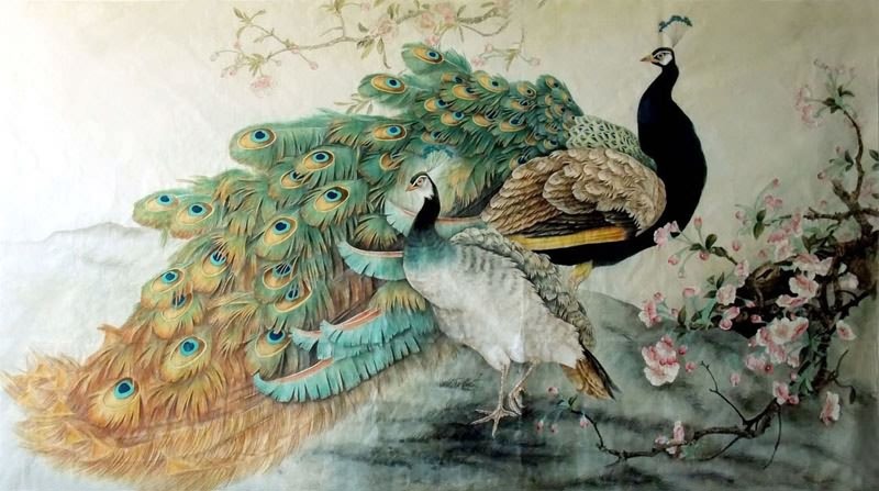 Chinese Peacock Peahen Painting 2352031, 96cm x 170cm(38〃 x 67〃)