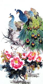 Chinese Peacock Peahen Painting,69cm x 138cm,2370006-x