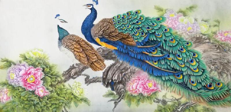 Chinese Peacock Peahen Painting 2387081, 69cm x 138cm(27〃 x 54〃)