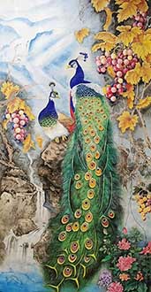 Chinese Peacock Peahen Painting,96cm x 180cm,2387095-x