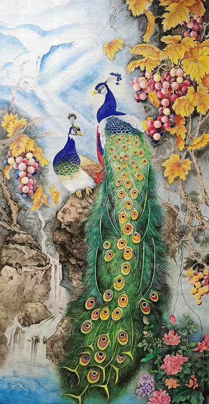 Chinese Peacock Peahen Painting 2387095, 96cm x 180cm(38〃 x 71〃)