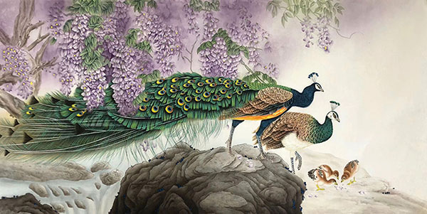 Chinese Peacock Peahen Painting 2387096, 68cm x 136cm(27〃 x 54〃)