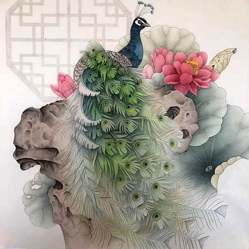 Chinese Peacock Peahen Painting 2387097, 68cm x 68cm(27〃 x 27〃)