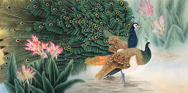 Chinese Peacock Peahen Painting 2387098, 68cm x 136cm(27〃 x 54〃)