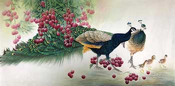 Chinese Peacock Peahen Painting,68cm x 136cm,2387101-x