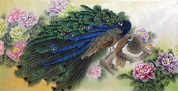 Chinese Peacock Peahen Painting 2387103, 68cm x 136cm(27〃 x 54〃)