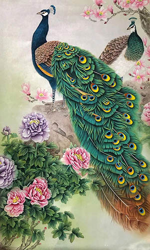 Chinese Peacock Peahen Painting 2387104, 68cm x 136cm(27〃 x 54〃)