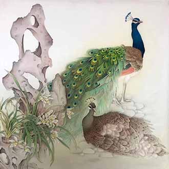 Chinese Peacock Peahen Painting,68cm x 68cm,2387106-x