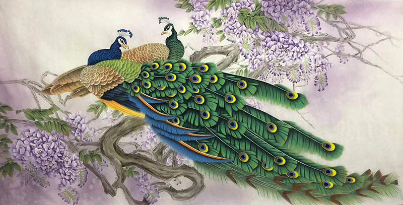 Chinese Peacock Peahen Painting 2387107, 68cm x 136cm(27〃 x 54〃)