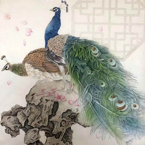 Chinese Peacock Peahen Painting 2387108, 68cm x 68cm(27〃 x 27〃)