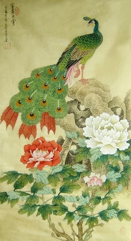 Chinese Peacock Peahen Painting 2439002, 50cm x 90cm(19〃 x 35〃)