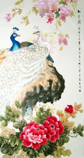 Chinese Peacock Peahen Painting,68cm x 110cm,2473010-x