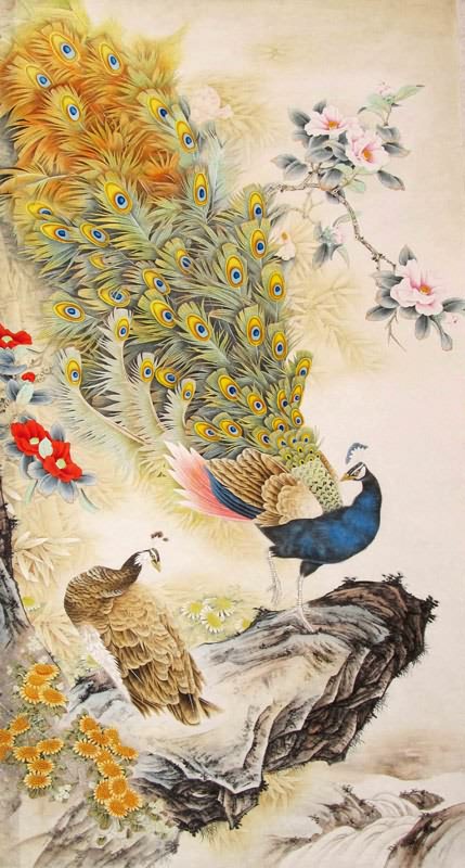 Chinese Peacock Peahen Painting 2578002, 97cm x 180cm(38〃 x 70〃)
