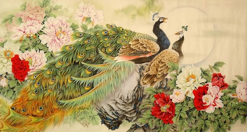 Chinese Peacock Peahen Painting 2578003, 97cm x 180cm(38〃 x 70〃)