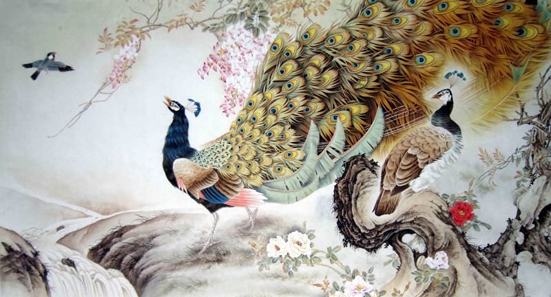 Chinese Peacock Peahen Painting 2578004, 97cm x 180cm(38〃 x 70〃)