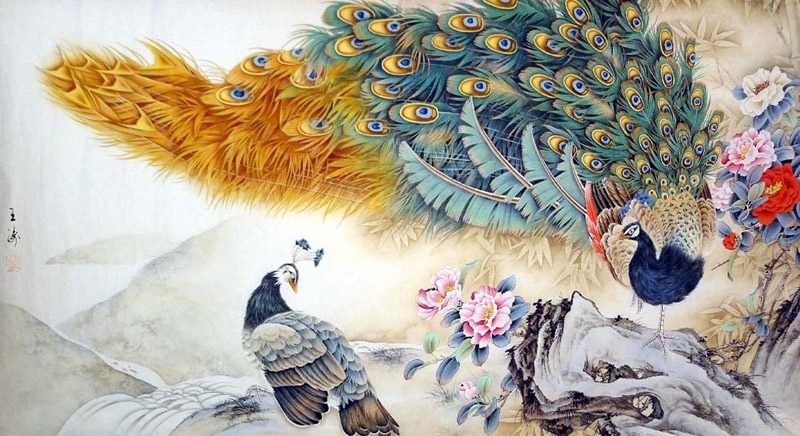 Chinese Peacock Peahen Painting 2578007, 97cm x 180cm(38〃 x 70〃)