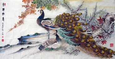Chinese Peacock Peahen Painting,69cm x 138cm,2621001-x