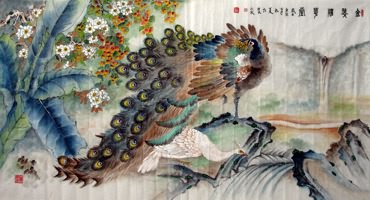 Chinese Peacock Peahen Painting,97cm x 180cm,2621006-x