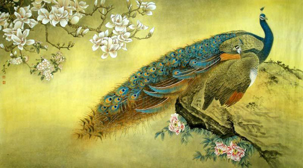 Chinese Peacock Peahen Painting Peafowl and flower 2682001, 96cm x ...