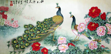 Chinese Peacock Peahen Painting,69cm x 138cm,2735003-x